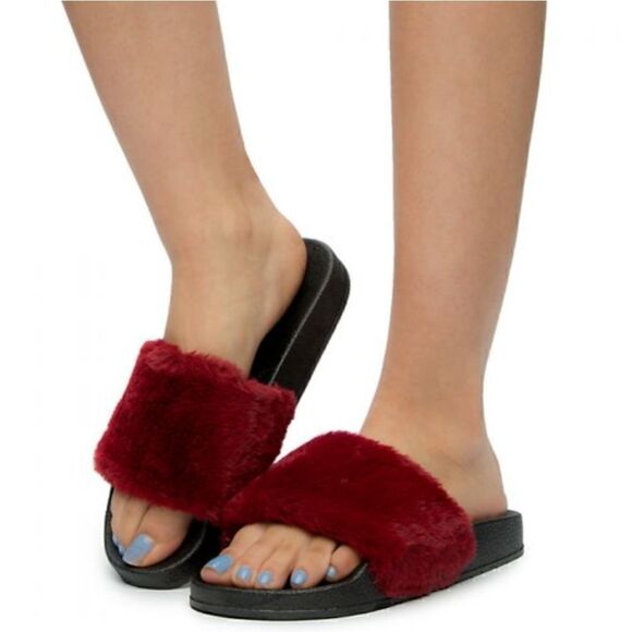 Fur Slides Burgundy size 5 - Picture 2 of 8